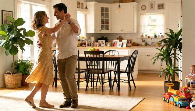 Couple dancing in sunlit kitchen with toddler toys, cozy dining area and houseplants