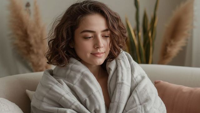 Cozy morning young woman relaxing wrapped in gray quilted blanket on sofa with pampas grass