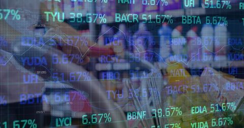 Stock market data overlay on grocery shopping cart visualizing economic trends