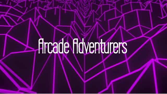 Digital art showcases 'Arcade Adventures' text with a retro, neon purple grid pattern. Ideal for gaming-related content, posters, social media graphics, and website banners promoting retro or futuristic themes.