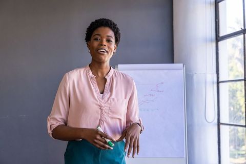 Confident businesswoman presenting graphs during office presentation