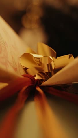 Pushing camera across tabletop revealing gold ribbon bow and red cord fastening festive gift