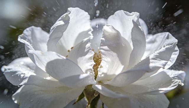 Sunlit White Rose Bloom Glowing with Water Droplets and Soft Bokeh Macro