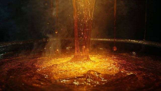 Molten stream: amber liquid pouring into metallic pool