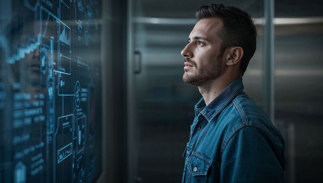 Engineer studying futuristic touchscreen schematics on glass display in lab