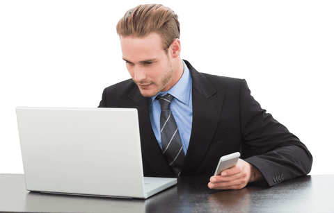 Transparent Background Businessman Working on Laptop Holding Phone - Download Free Stock Videos Pikwizard.com