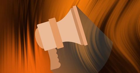 Stylized beige megaphone icon on dynamic orange background