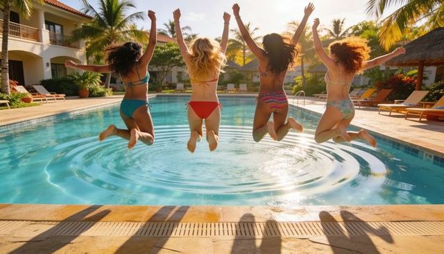 Four women jumping into tropical resort pool at golden hour wearing colorful bikinis