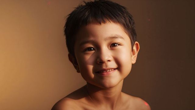 Smiling asian boy bare-shouldered warm studio portrait with subtle red light specks