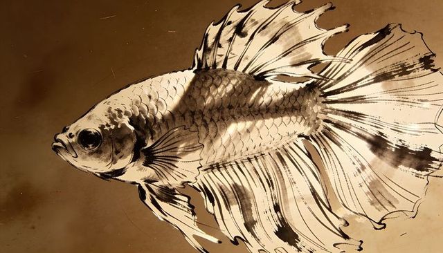Sepia ink-wash betta fish illustration with flowing fins and textured brushwork