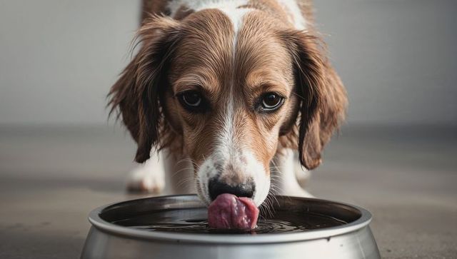 Closeup brown and white dog lapping water from stainless steel bowl indoor low angle