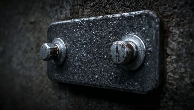 Displaying galvanized mounting plate with corroded bolts on wet concrete surface