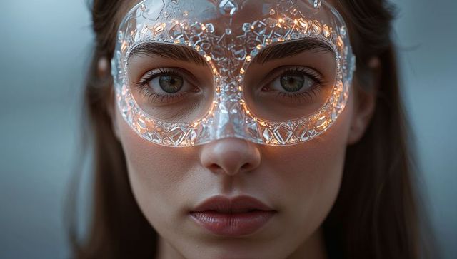 Close-up young woman wearing crystalline led masquerade mask glowing with faceted lights