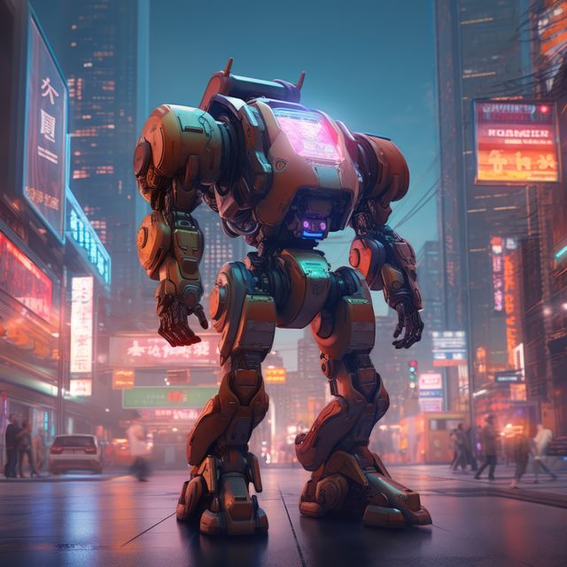 Mecha giant robot with lights over cityscape, created using generative ai technology. Mecha, science fiction and machines concept digitally generated image.