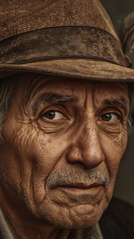 Senior Man Turning Head in Fedora Vertical Studio Portrait Conveying Introspection