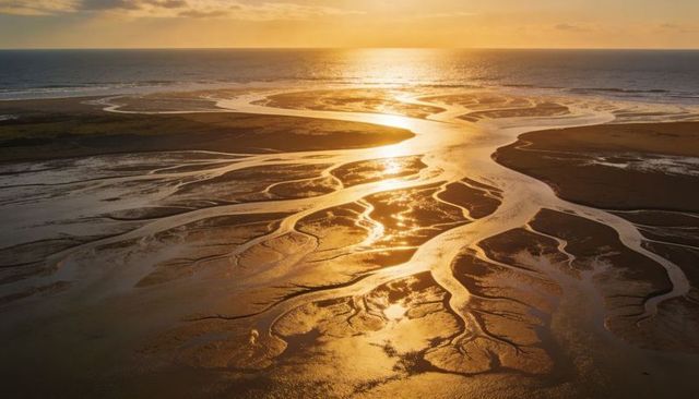 Golden braided tidal channels glowing at sunset over coastal mudflats and sandbars