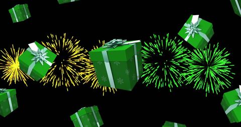 Green christmas gifts with colorful firework display