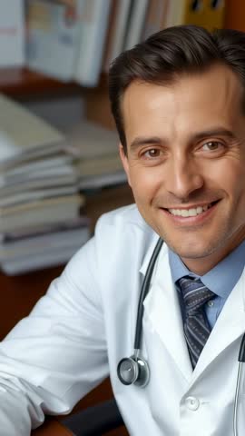 Smiling clinic doctor meeting camera gaze while camera pulling back in vertical consultation