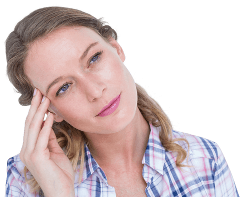 Thoughtful Caucasian Woman with Hand on Head on Transparent Background