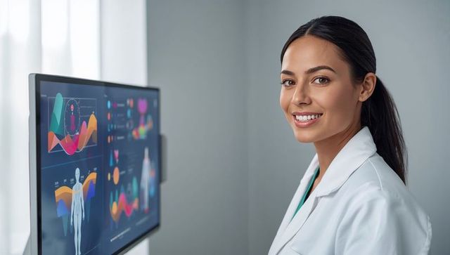 Smiling female doctor standing by digital health dashboard displaying colorful medical charts