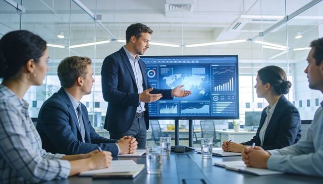 Business leader presenting global data dashboard to team in modern glass conference room