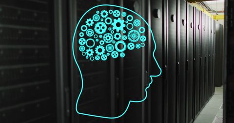 Artificial Intelligence Cog Icons Over Modern Server Room - Download Free Stock Images Pikwizard.com