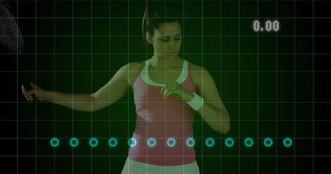 Tennis player practicing serve beneath futuristic HUD with glowing score and analytics