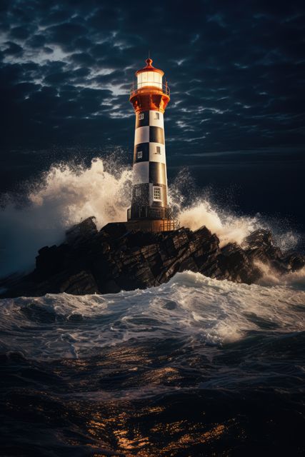 Lighthouse standing on rocky shore illuminated at night as powerful ocean waves crash against it. Ideal for themes related to navigation, maritime safety, drama, stormy weather, and guiding light. Suitable for use in advertisements, travel brochures, inspiring desktop wallpapers, or coastal adventure articles.