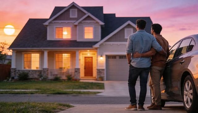 Couple embracing in driveway at sunset outside modern suburban home with car