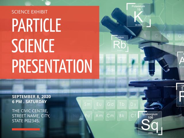 This visual template is ideal for promoting scientific presentations, exhibits, and educational events. Featuring a microscope paired with periodic table elements, it highlights the themes of scientific discovery and research. Suitable for educational institutions, scientific conferences, school fairs, and science clubs to create informative event posters, flyers, and online announcements.