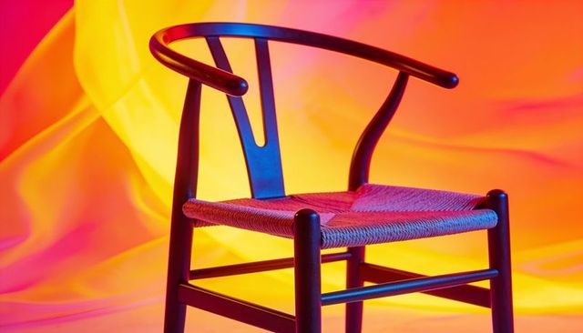 Handmade wishbone wooden chair showcasing woven seat and curved arms under neon lighting