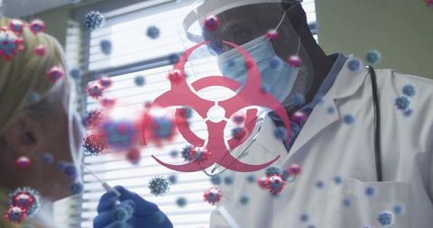 Clinician wearing ppe testing patient with nasal swab, biohazard symbol, virus particles