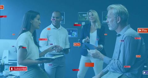 Corporate team collaborating on analytics dashboards with tablets and mobile devices