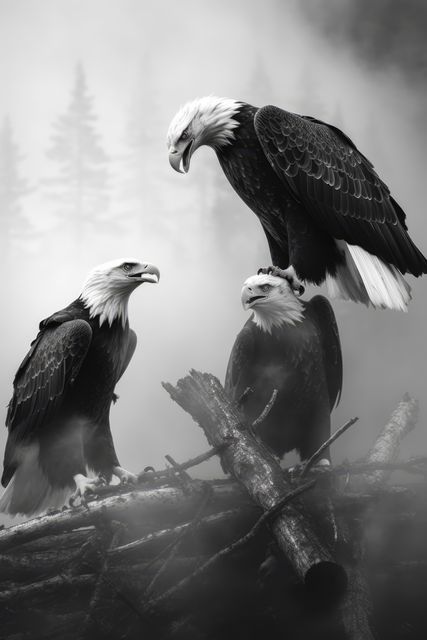 Three bald eagles are perched on tree branches in a misty forest. The scene is full of mist and fog, giving a sense of wilderness and natural beauty. This can be used for nature, wildlife, and conservation-related themes or to evoke feelings of majesty and serenity in outdoor and environmental contexts.