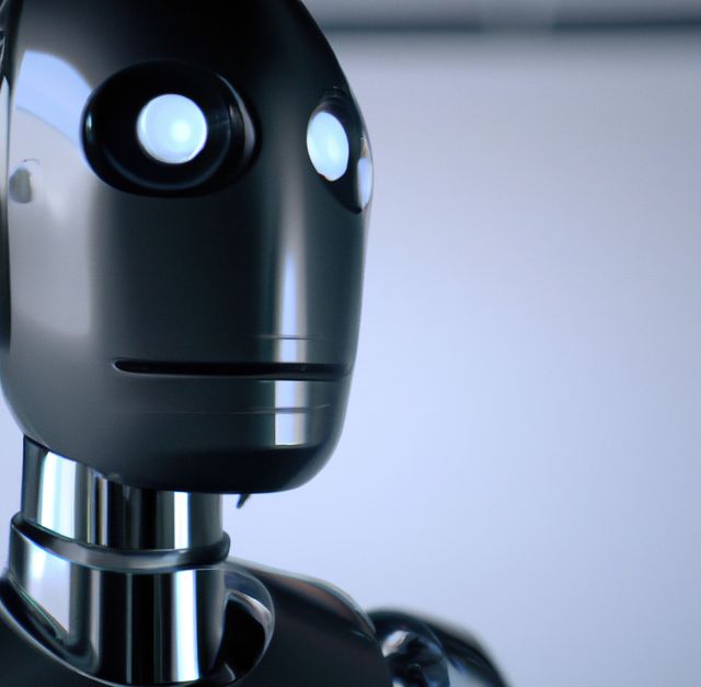 Image of close up of black robot with copy space on grey background. Artificial intelligence and robots concept.