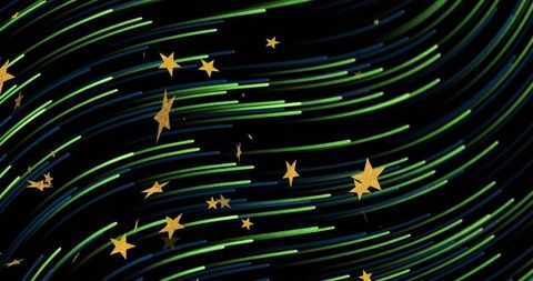Green and blue light trails with gold stars creating flowing cosmic motion background