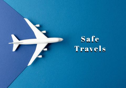 Toy Airplane and Safe Travels Text on Blue Background - Download Free Stock Templates Pikwizard.com