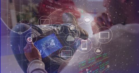 Asian man using tablet with biometric holographic interface and data visualization at home