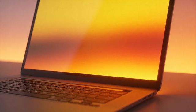 Glowing laptop with warm gradient backlight showing keyboard, hinge and usb-c port