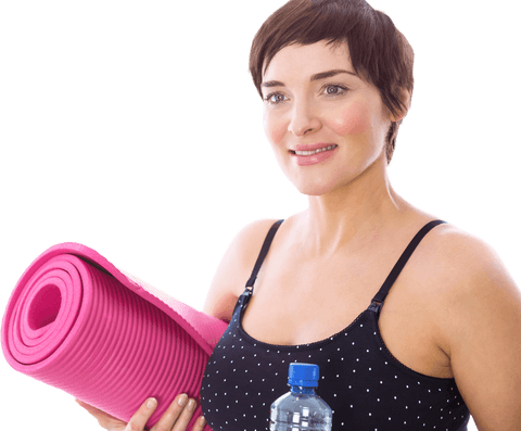 Fit Woman Smiling Holding Pink Yoga Mat and Water Bottle Transparent Background