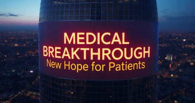 Medical Breakthrough Display on City Skyline at Dusk