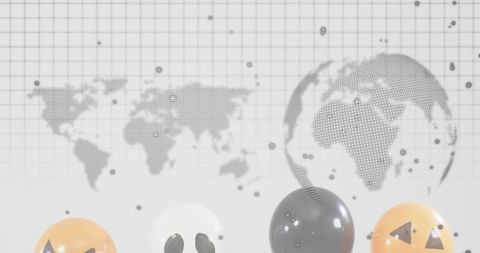 Floating halloween balloons and jack-o'-lanterns over dotted world map backdrop