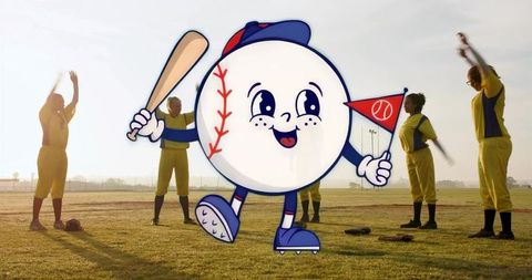 Energetic Baseball Mascot Overlayed on Players During Warm-Up