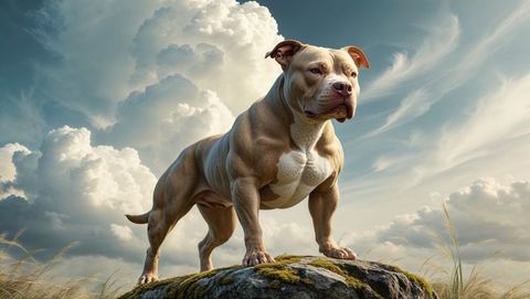 Majestic tan and white muscular pitbull dog in natural landscape