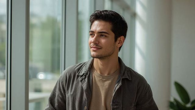 Young man gazing through glass window in sunlit modern office lounge with greenery
