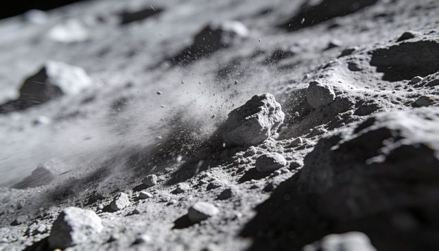 Lunar boulder ejecting dust and debris across cratered regolith in dramatic sunlight