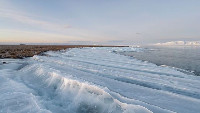 Arctic tundra coast with layered ice ridges and smooth sea at pastel sunrise, distant peaks