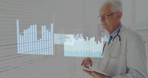 Senior Doctor Analyzing Holographic Medical Data with Tablet