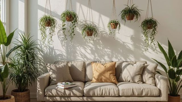 Minimalist living room with beige sofa and hanging spider plants