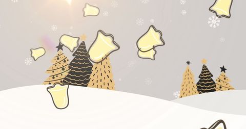 Festive Christmas Bells Falling Over Wintry Forest Scene